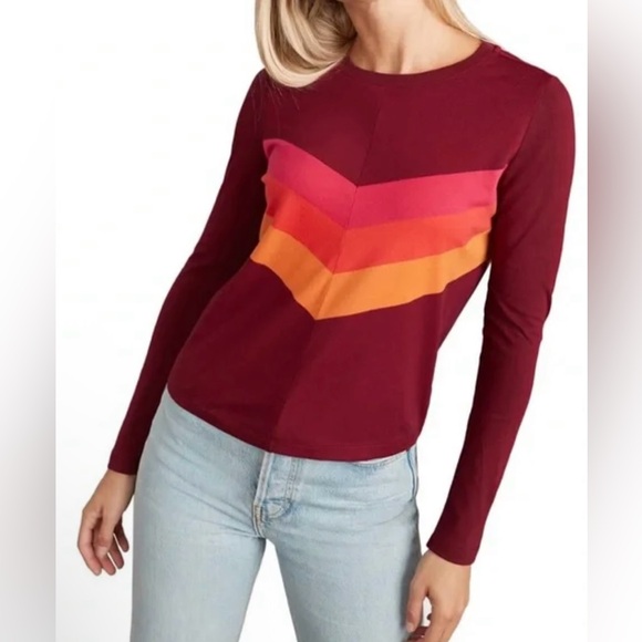 Marine Layer Tops - Marine Layer Burgundy and Multicolor Chevron Long Sleeve Tee - Size S